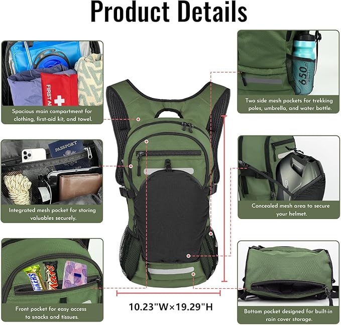 Zavothy 18L Multipurpose Hiking Backpack with 3L Water Bladder ??Durable Hydration Backpack with Insulated Bladder Compartment, Hidden Helmet Holder & Rain Cover ??for Hiking, Commuting, and Camping