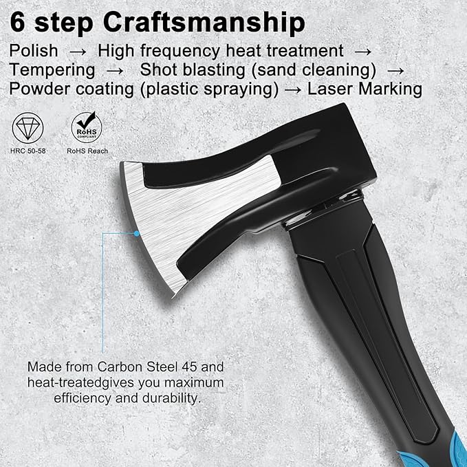 Splitting Axe, 14” Camping Outdoor Hatchet for Wood Splitting and Kindling, Forged Carbon Steel Heat Treated Hand Maul Tool, Fiberglass Shock Reduction Handle, Blue
