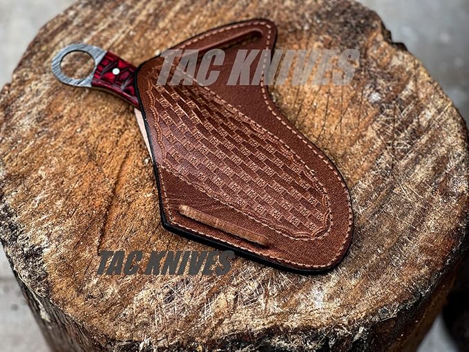 Bushcraft Survival Knife12T27 Damascus Steel Fixed Blade outdoor Knife - Pancake Leather Sheath - Traditional Field Knife for Camping Knife, Fishing, Hunting Knife, (RED)