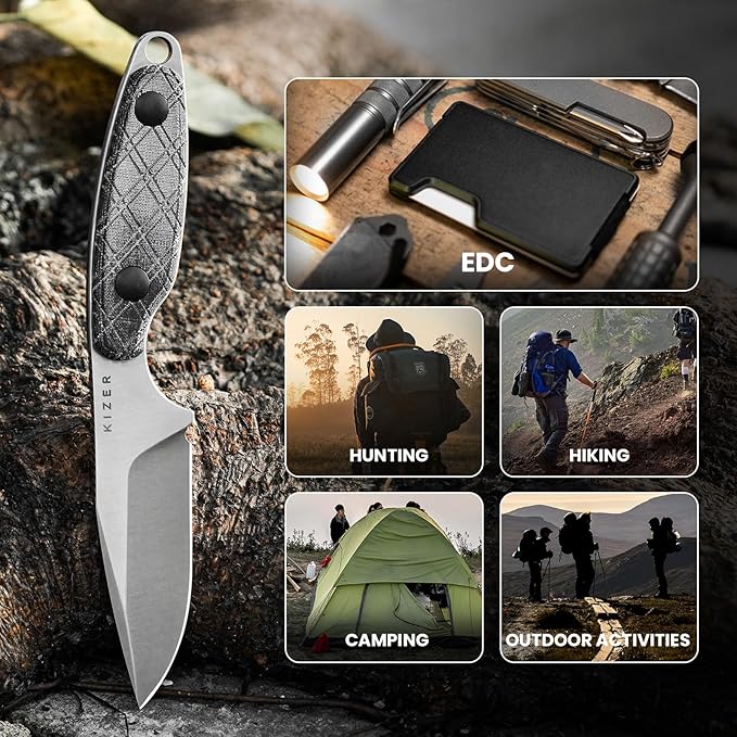 Kizer Muskrat Fixed Blade Knife, 3.15 In 154CM Argyle Pattern Black Micarta Handle, EDC Knife for Men Women, Outdoor Hunting Hiking Survival Camping Knives with Sheath, 1064M1