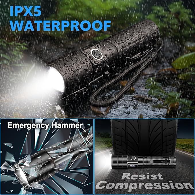 AdamStar Flashlights High Lumens Rechargeable Super Bright LED Flashlight with Dimmable, Zoomable Beam Tactical Flash Lights Small Powerful Waterproof Flashlight for Camping Emergencies