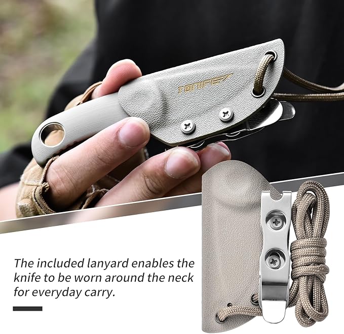 TONIFE Fixed Blade Knife 4.8cm, Mini Neck Knife with Kydex Sheath and Cord, EDC Portable Fixed Knife for Outdoor Survival