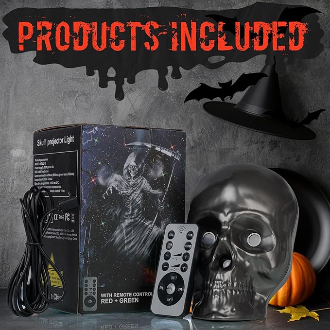 Halloween Projector Lights, Ghost Skeleton Halloween Laser Lights in Skull Shape, 5 Modes and Spooky Screams, Halloween Party Decor with Remote Control Timer for Halloween Decorations Indoor