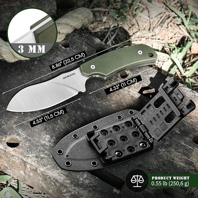 Omesio Hunting Knife with Kydex Sheath, 8.86" Full Tang Fixed Blade Non-Slip G10 Handle, Nessmuk D2 Steel Survival Camping Outdoor Knife, Perfect Gifts for Men