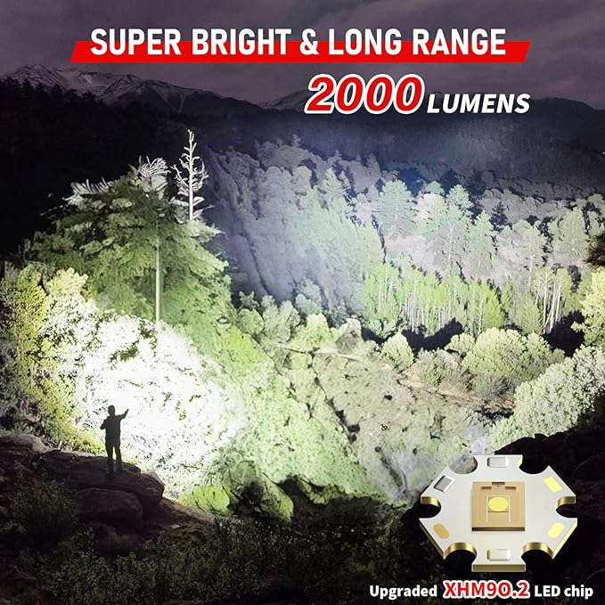 Shadowhawk Rechargeable Flashlights High Lumens, 2000LM XHM90.2 30W LED Flash Light with COB Light, 7 Modes Super Bright Flashlight Battery Powered, Handheld Powerful Flashlight for Home, Emergency