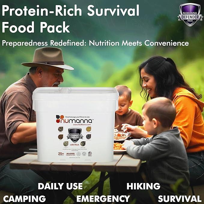 Numanna Defender Pack with Meat Bucket 216 Servings | 1-Month Emergency Food Supply with Protein | Easy-to-Prepare Survival Meals for Prepping, Camping & Daily Use | 25+ Year Shelf Life | Made in USA