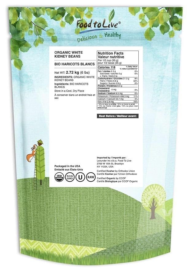 Food to Live Organic White Kidney Beans, 6 Pounds Whole Raw Dried Beans, Vegan, Kosher, Bulk. Rich in Dietary Fiber and Protein. Perfect for Soups, Stews, Chili, Paste, Salads and Side Dishes