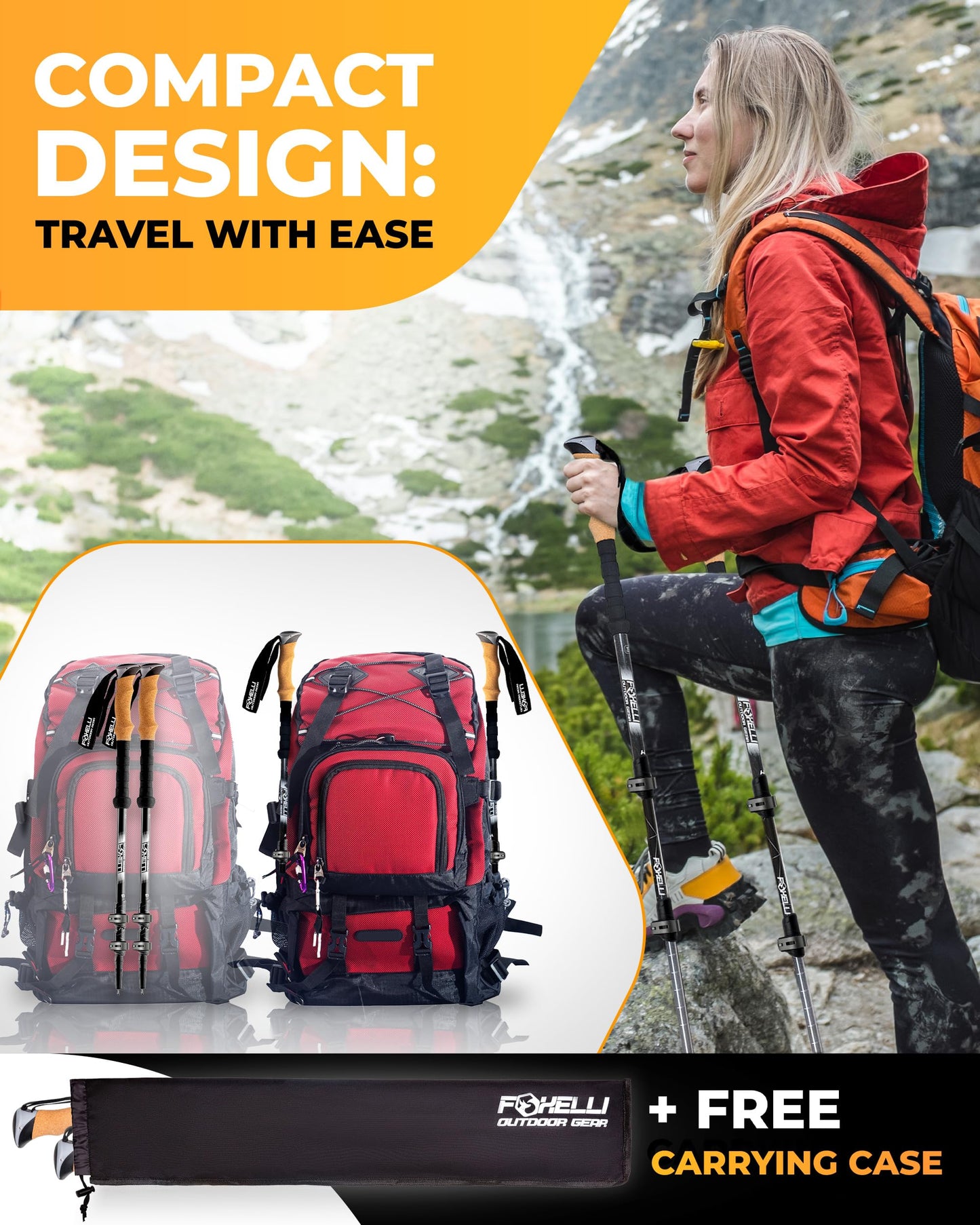Foxelli Trekking Poles – Lightweight Collapsible Aircraft Grade Aluminum Hiking Poles with Cork