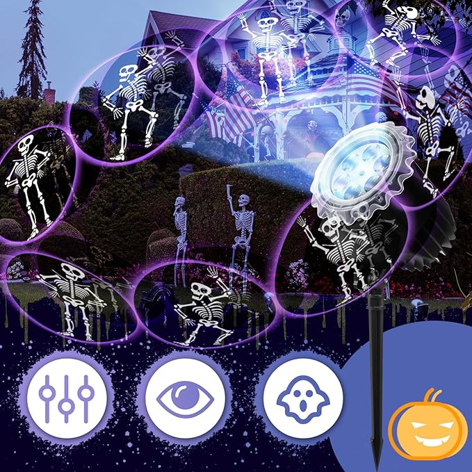 Halloween Projector Light with 1 Film Slides Holiday LED Projector Lights Outdoor Reflectors Waterproof Landscape Decorative Rotation Lighting Movement Projection Lamp(Dance Skeleton)