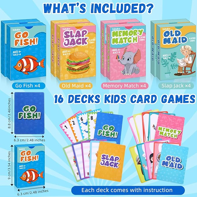Zubebe 16 Decks Kids Card Games Bulk Classic 4 In1 Includes Go Fish, Old Maid, Memory Match, Slap Jack Playing Card Game Set for Toddlers Family Game Night Basket Stuffers Party Favors