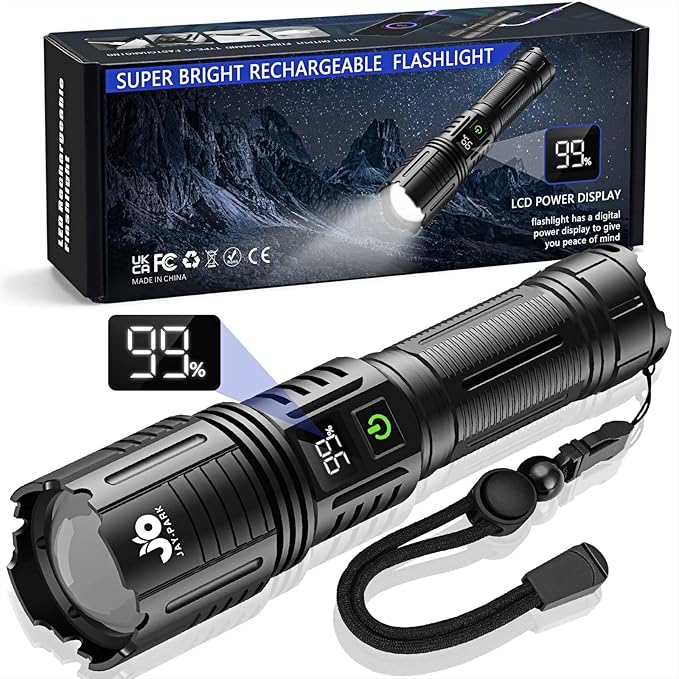 Rechargeable Flashlights 10000 Lumen, LED Flashlight with Digital Power Display and Zoomable, Flashlights High Lumen Super Bright Long Distance for Camping, bushcraft, Outdoor