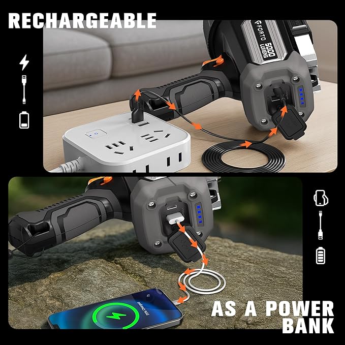 FORTO Rechargeable Spotlight 5000 Lumen Ultra Bright IPX7 Waterproof Spotlight, Boat Flashlight with EVA Carrying Case, 7 Light Modes Handheld Spotlight Flashlight for Marine Boat Hunting