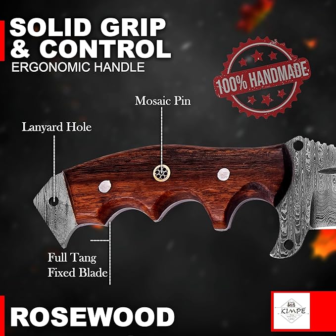 KIMPE 10.5?™â€?Damascus Hunting Knife with Leather Sheath-Fixed Blade EDC Knife-Bushcraft Knives-Wood Handle-Best Camping & Survival tool-Knives for Men. (Rose Wood)
