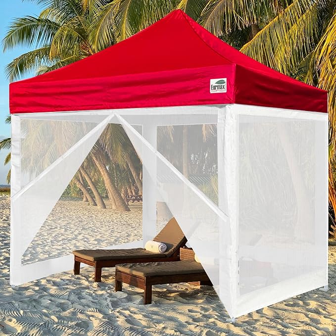 Eurmax USA 10'x10' Pop-up Canopy Tent Commercial Instant Canopies with 4 Removable Zipper End Screen Wall kit and Roller Bag, Bonus 4 SandBags(Red)