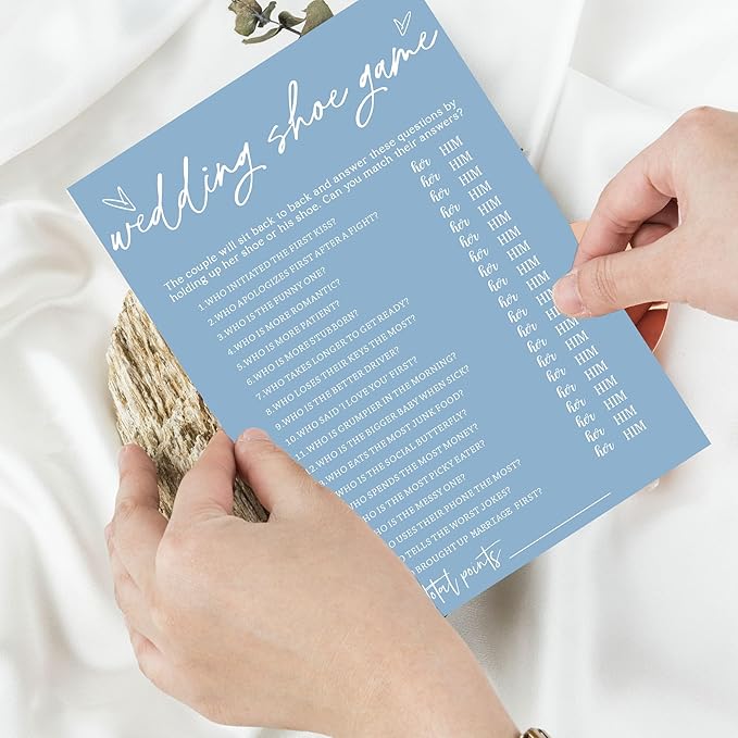 Bridal Shower Games Cards & Shoe Game - 25 Guests Engagement Party Supplies - Minimalist Blue Wedding Party Supplies - B04