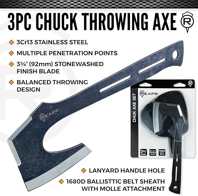 Reapr CHUK 3-Piece Throwing Axe Set ??11" Full-Tang Tactical Tomahawks with Dual-Edge Blades, Stonewashed Finish, Nylon Sheath with MOLLE ??Outdoor Recreation, Camping, Target Practice, Gifting