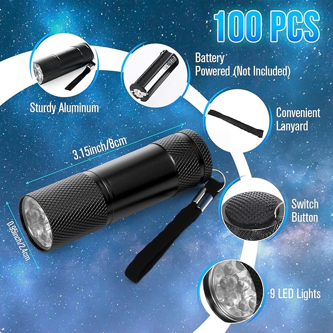 VIHOSE 100 Pcs Mini Flashlights Bulk, Bright Flashlights Set, Aluminum LED Handheld Torches for Party Favors Night Reading Camping Emergency Items Gifts Homeless, Batteries Not Included(Black)