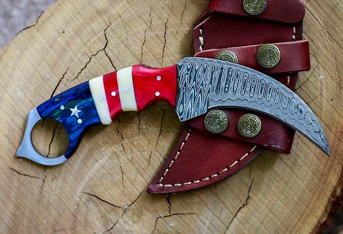 Custom Handmade Damascus Steel Hunting Knife with Sheath | 7.5'??EDC Fixed Blade Hunting Skinning Knives For Men and Women Demasticus Camping Survival Belt Knifes For Horizontal Carry with American Flag Handle