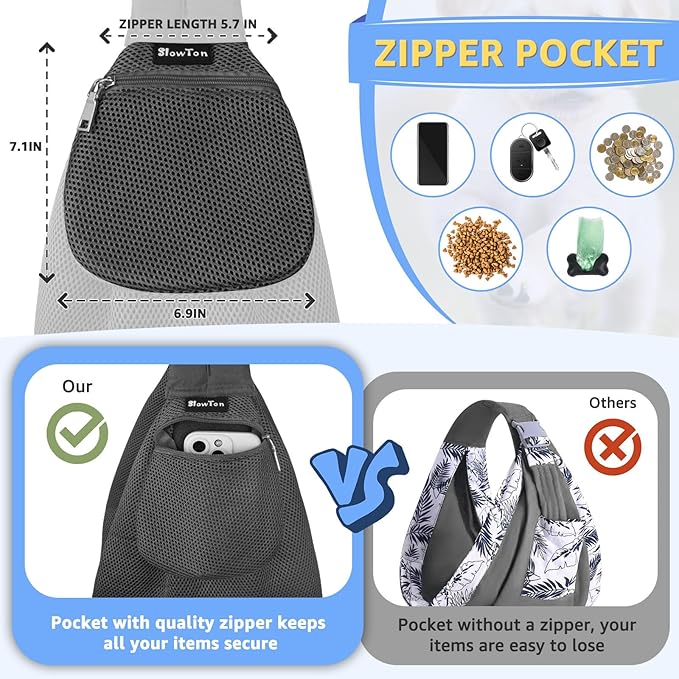 SlowTon Dog Carrier Sling - Thick Padded Shoulder Strap Adjustable Dog Carriers for Small Dogs, Puppy Carrier Purse for Pet Cat with Front Zipper Pocket Safety Belt Machine Washable (GY, L)