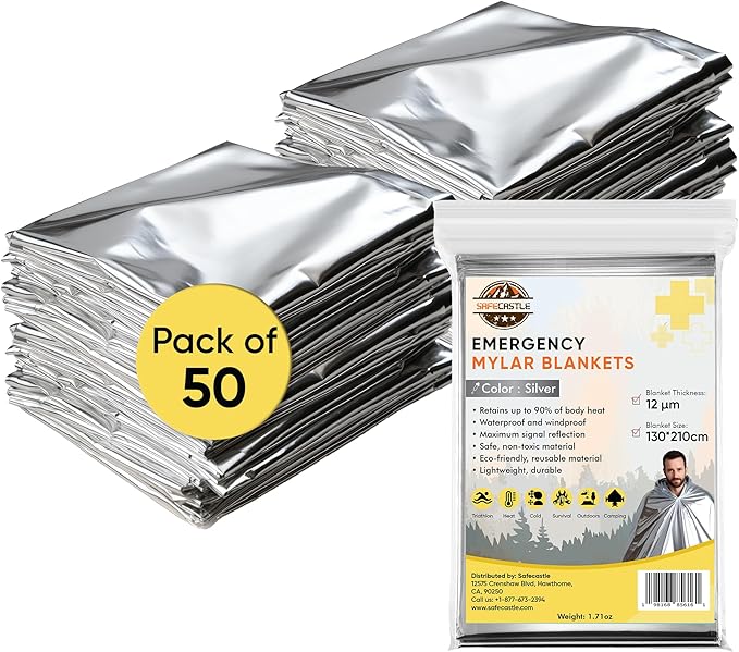 Emergency Mylar Blankets 130 * 210 Cm Large Reusable Thermal Space Blanket Survival Rescue Insulating Reflective foil kit Outdoors Hiking Camping Blanket First Aid Car Emergency Kit Pack of 50