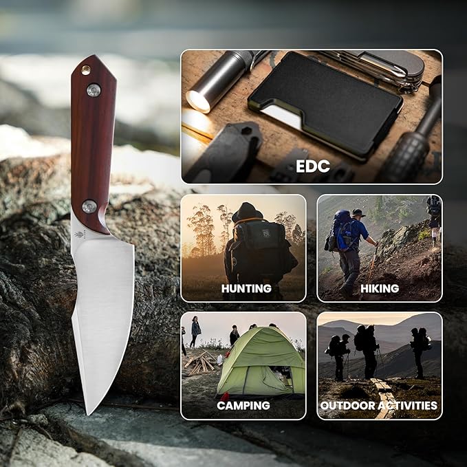 Kizer Harpoon Fixed Blade Knife with Sheath, 3.84??Nitro V Blade Hunting Knife with Red-sandalwood Handle, Camping Fixed Blade EDC Knives for Hiking, Survival 1040M3