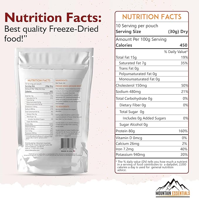 MOUNTAIN ESSENTIALS Freeze-Dried Ground Beef ??Pre-Cooked and Ready-to-Eat Hamburger Meat | Everyday Meal Prep, Emergency Food Supply, Camping and Survival Food | 10 Servings per Pouch | Made in USA | 7-Year Shelf Life | Pack of 1
