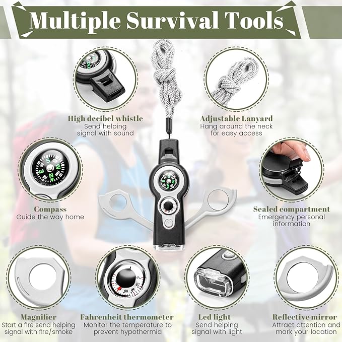 12 Pack Emergency Survival Function Whistle 7-in-1 Compass Hiking Survival Safety Whistle with Lanyard Outdoor Multifunctional Tool Ideal for Hiking Camping Rescue Signaling