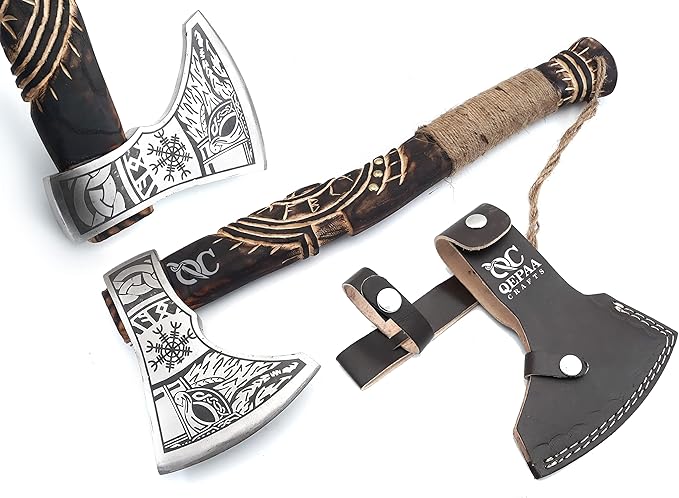 19” Hand Forged Viking Axe- Rose Wood Shaft Engraved Carbon Steel Bearded Axe for Camping- Viking Gift for Men(Norse Viking Axe)