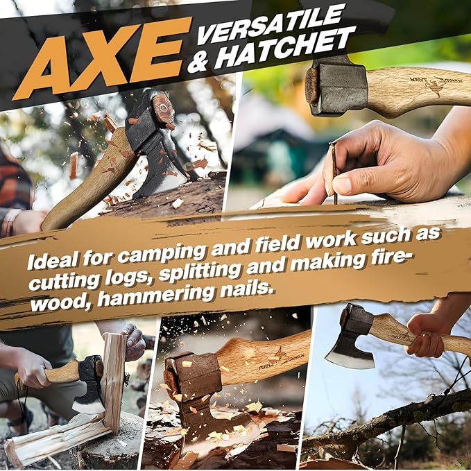 Purple Dragon Camping Hatchet Axe, 16 Inch Small Hand Hatchet with Wood Handle, Bushcraft Axe for Wood Splitting, Chopping & Carving, Outdoor Survival Tool with Sheath for Garden & Forest Use