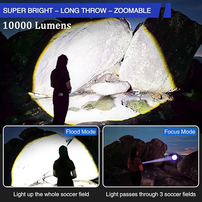 Rechargeable Flashlights 10000 Lumen, LED Flashlight with Digital Power Display and Zoomable, Flashlights High Lumen Super Bright Long Distance for Camping, bushcraft, Outdoor