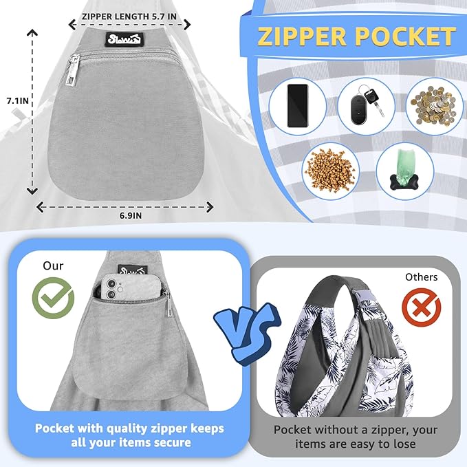 SlowTon Dog Carrier Sling - Thick Padded Shoulder Strap Adjustable Dog Carriers for Small Dogs, Puppy Carrier Purse for Pet Cat with Front Zipper Pocket Safety Belt Machine Washable (Grey, S)