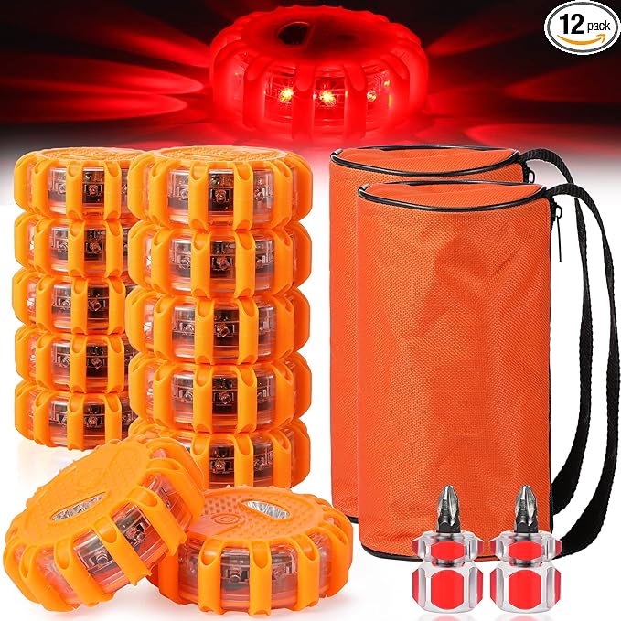 Tallew 12 Pack LED Road Emergency Roadside Lights Flashing Safety Warning Kit Beacon Magnet Hook Vehicle Boat Truck Disc Magnetic Flash Cars Security Driveway Automotive Strobe