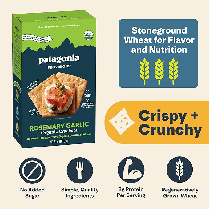 Patagonia Provisions Organic Rosemary Garlic Crackers (3 Pack) – 3g Plant Protein Per Serving – Made with Wheat Flour & Sea Salt – Non-GMO, No Added Sugar - Crispy & Crunchy