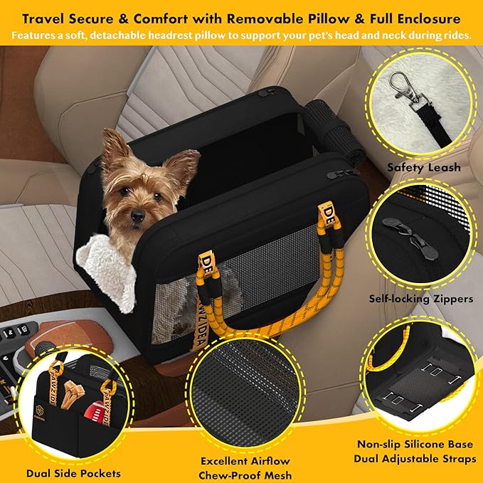 PAWZIDEA Center Console Dog Car Seat, Enclosed Secure Armrest Booster Seat for Small Dogs & Cats up 12lbs, Soft-Sided Travel Pet Carrier Safety Straps, Removable Pillow, Storage Pocket, Shoulder Strap