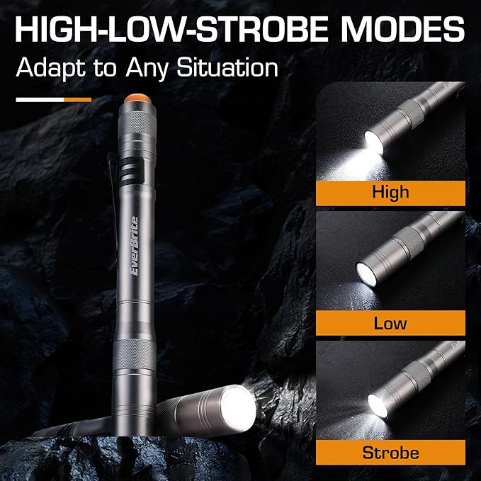 EverBrite Pen Light, 100LM Pocket Flashlights, Aluminum LED Pen Flashlights with Clip, 8 AAA Batteries Included, Pocket Flashlight for Camping, Emergency, Mechanic, Pack of 4, Gray