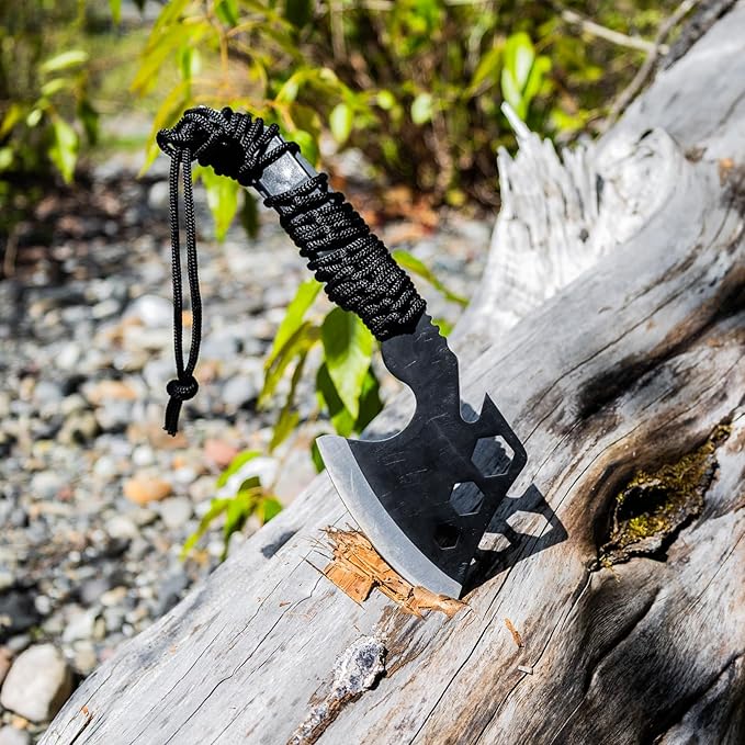 ASR Outdoor 12 Inch Full Tang Steel Axe Hatchet with Gut Hook Hex Holes Paracord Handle and Sheath, Black