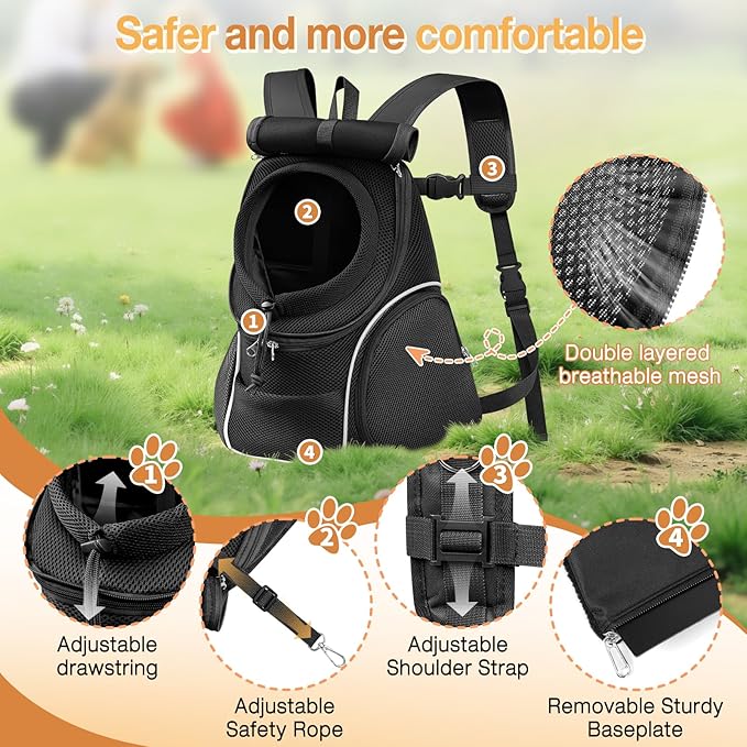 YUDODO Dog Front Carrier Backpack with Sunshade Hood, 2 Head-Out (Front & Side) Breathable Pet Carrier for Small Dogs, Ventilated Lightweight Doggy Backpack for Hiking Outdoor (Upgraded– Jet Black, M)