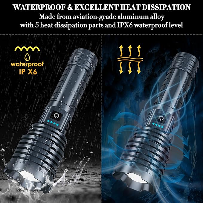 Super Bright Rechargeable Flashlights 2400.000 High Lumen, Powerful LED Flashlight, IPX7 Waterproof Floodlight & Spotlight Flashlight 2-in-1 W/5 Modes for Camping, Emergency, Search & Rescue