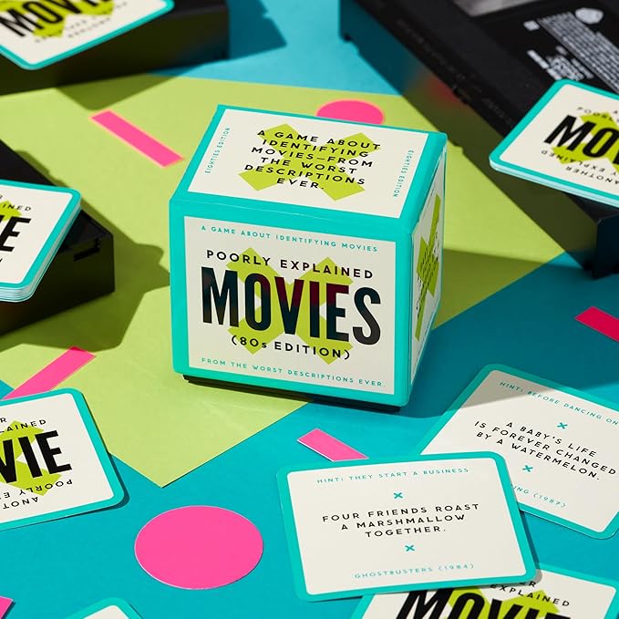 Brass Monkey Poorly Explained Movies – 80s Edition Party Game with 300 Cards Featuring Uniquely Terrible Descriptions of Movies, Suitable for 2-8 Players