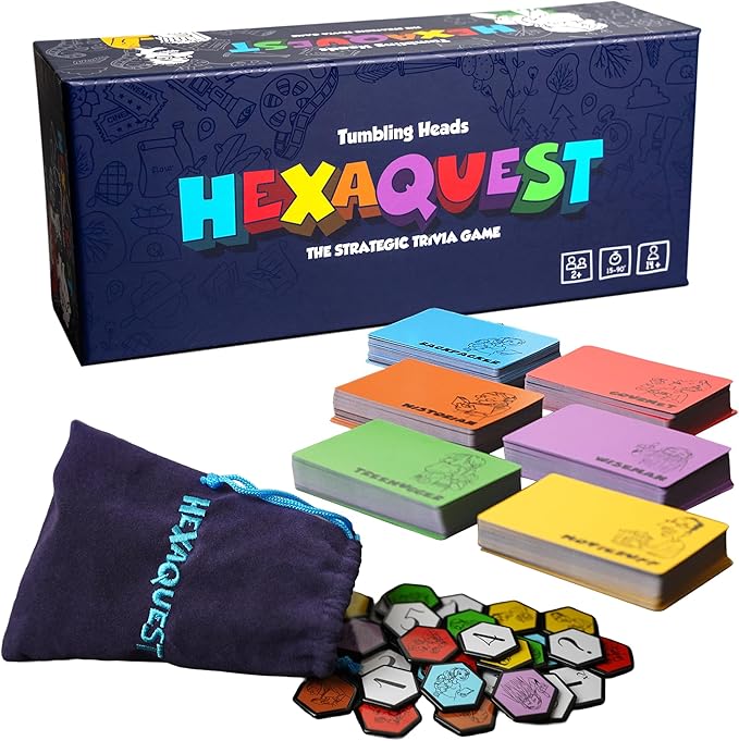 Hexaquest: The Strategic Trivia Board Game ??1500 Questions, 6 Categories, 65 Hexagon Tiles, Premium Bag ??Fun, Quick to Learn, Perfect for Game Nights, Families & Parties