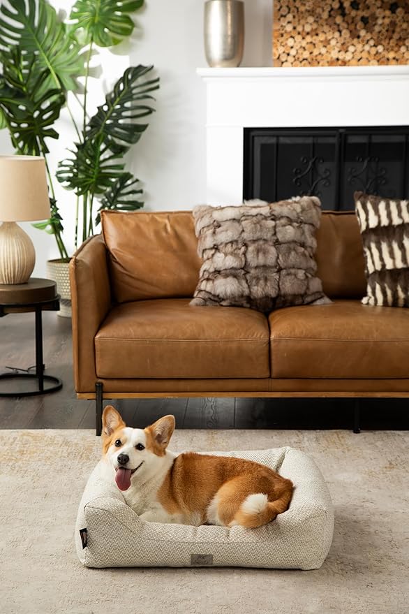 Furry's Paradise Cuddler Waterproof Bolster Pet Bed with Recycled Fibers and Non-Slip Bottom. (Beige Weave, Small)