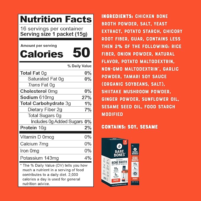 Bare Bones Bone Broth Instant Powdered Beverage Mix, Ramen, Pack of 8, 15g Sticks, 10g Protein, Keto & Paleo Friendly, Non-GMO, Gluten-Free, Dairy-Free