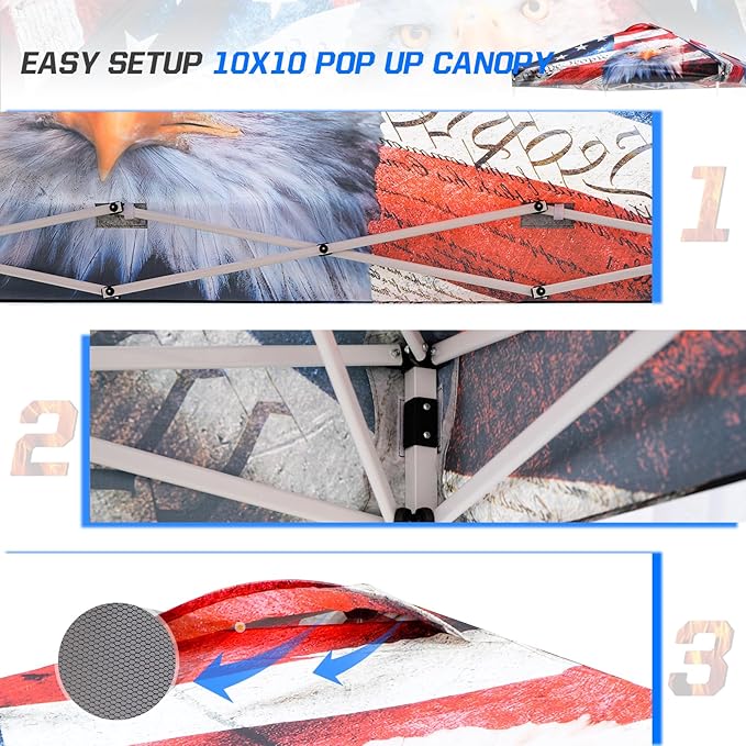 EAGLE PEAK Pop Up Canopy Tent with Wheeled Carry Bag, 8 Stakes, 4 Ropes, 4 Weight Bags, Easy Set Up Tent Canopy, 10x10 ft, 100sqft of Shade, American Icon