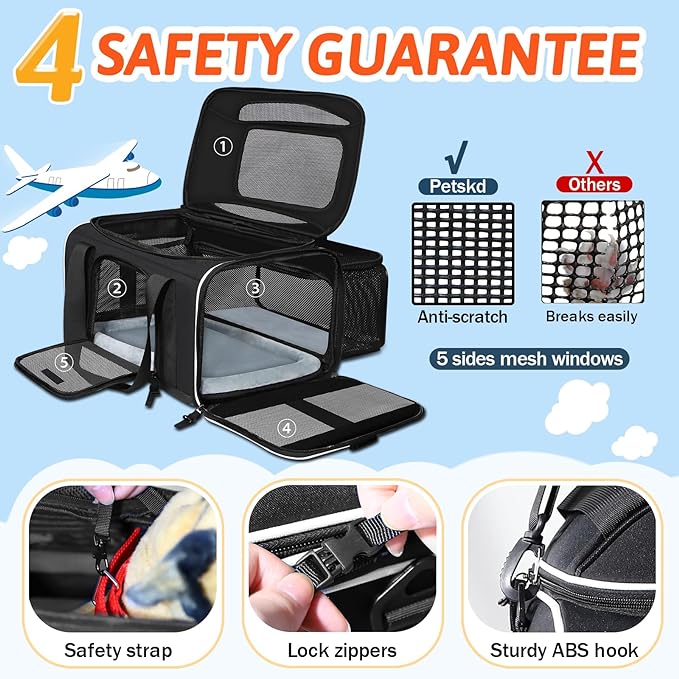 Petskd Top and Side Expandable Pet Carrier 17x11x9.5 Inches Alaska Airline Approved, Soft-Sided Carrier for Small Cats and Dogs with Locking Safety Zippers and Anti-Scratch Mesh(Black)