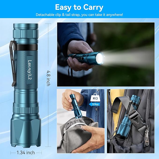 LETMY Rechargeable Flashlights High Lumens, 2 Pack 2000 Lumens Bright LED Tactical Flashlight, 3 Modes Samll Powerful Flash Lights with Clip, Waterproof Flashlights for Home Emergency Camping (Blue)