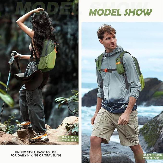 15L Small Hiking Backpack for Men Women Foldable Packable Back Pack Ultralight Hiking Daypack for Travel Camping Outdoor, Olive Green
