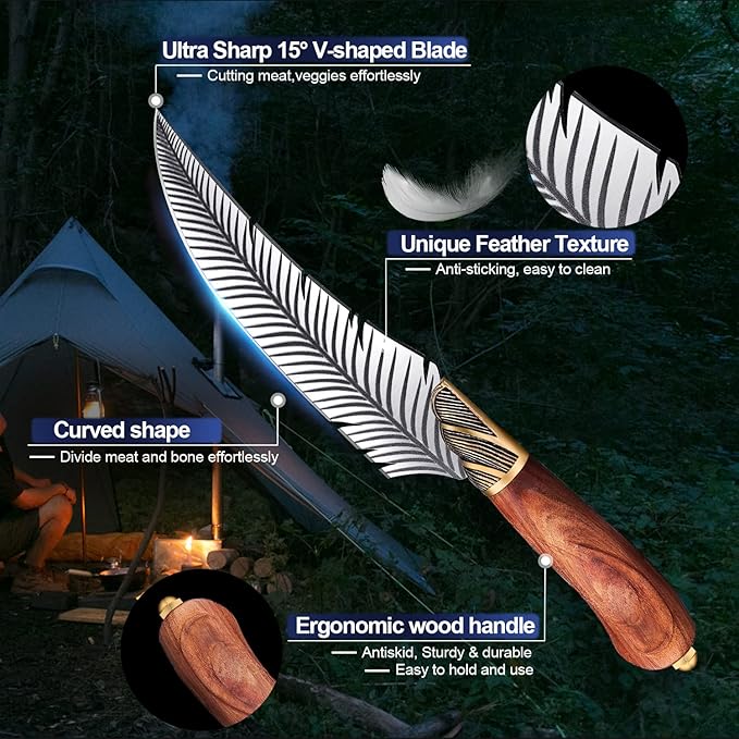 ROCOCO Feather Viking Boning Knife Japanese Forged in Fire Fancy Handmade Butcher Cleaver with Sheath Kitchen Outdoor Camping BBQ Collection Birthday Father Mother Christmas Day Gift 5.9"