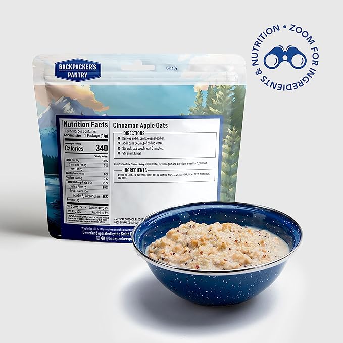 Backpacker's Pantry Cinnamon Apple Oats - Freeze Dried Backpacking & Camping Food - Emergency Food - 11 Grams of Protein, Vegan, Gluten-Free - 1 Count