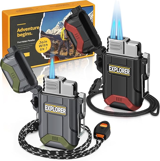 Lafagiet 2 Pack of Outdoor Torch Lighter, Windproof Single & Dual Jet Flame, Waterproof Storm Lighters Multipack for Camping, Fishing, Emergency (NO Gas)