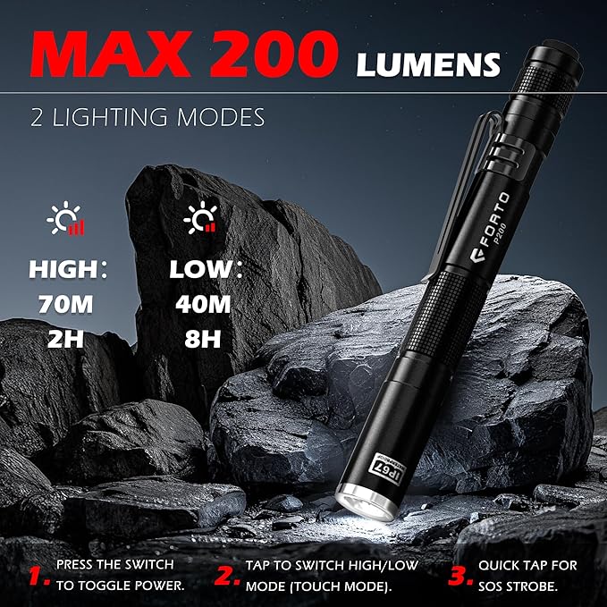FORTO LED Pen Light, 200 Lumens Pocket Flashlight, IP67 Waterproof, 2 Modes, 2 Pack with AAA Batteries, Lightweight & Durable for Inspection, Medical Use, Emergency(Black)